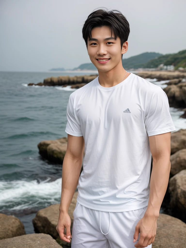 独奏: 1.5, (As a matter of fact, Masterpiece, 8k HD, good light quality, sportswear, fit the face, complicated details), A handsome Korean young man with muscular arms. , 20 years old, be happy, smile brightly, detailed face, delicate eyes, look at the sky, Wear a tight white t-shirt.:1.6, Long pants, period, black eyes, Black hair color, ผมsmooth, smooth, outdoor sports, By the sea, nighttime，Surreal，Awesome details，Highest quality，real，Open your mouth to talk. , Close your eyes.,Standing on the edge of the market 