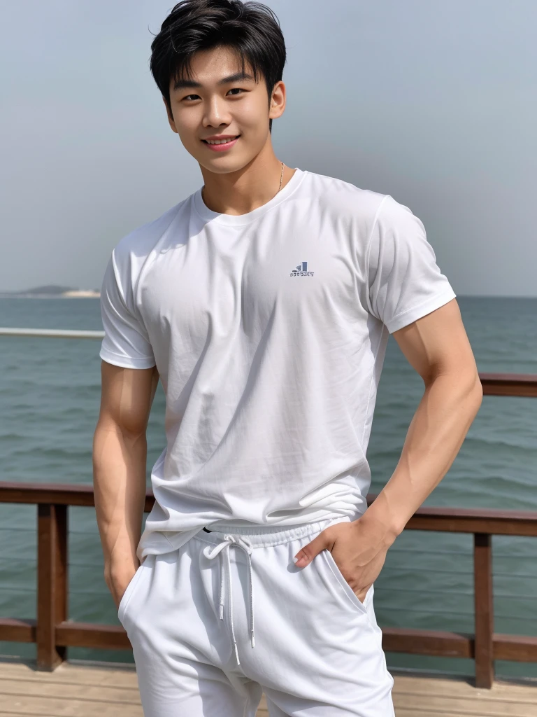 独奏: 1.5, (As a matter of fact, Masterpiece, 8k HD, good light quality, sportswear, fit the face, complicated details), A handsome Korean young man with muscular arms. , 20 years old, be happy, smile brightly, detailed face, delicate eyes, look at the sky, Wear a navy tight T-shirt.:1.6 ,Wear a denim coat., jeans period, black eyes, Black hair color, ผมsmooth, smooth，Surreal，Superb details，Highest quality，real，Open your mouth to talk. , Close your eyes., (Standing in a Thai restaurant, Burmese temple:1.1)