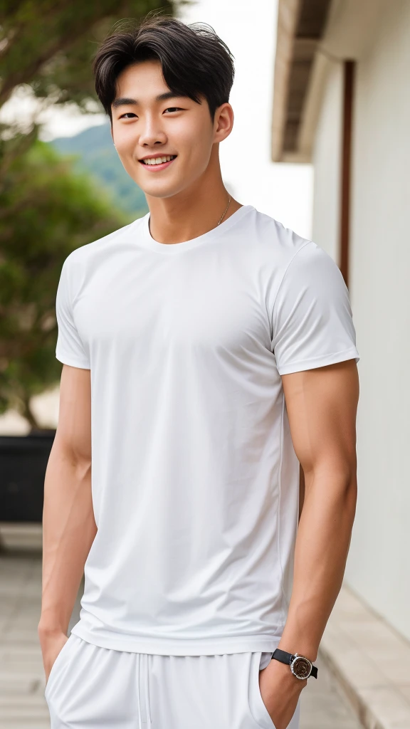 独奏: 1.5, (As a matter of fact, Masterpiece, 8k HD, good light quality, sportswear, fit the face, complicated details), A handsome Korean young man with muscular arms. , 20 years old, be happy, smile brightly, detailed face, delicate eyes, look at the sky, Wear a tight white t-shirt.:1.6, Long pants, period, black eyes, Black hair color, ผมsmooth, smooth, outdoor sports, By the sea, nighttime，Surreal，Awesome details，Highest quality，real，Open your mouth to talk. , Close your eyes.,Standing on the edge of the market 