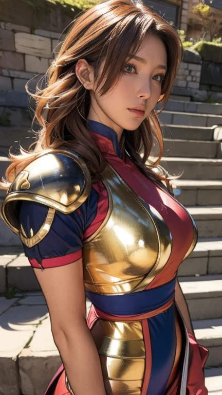 best quality, official art, masterpiece, textile shading, HDR, very detailed, colorful, best details, fantasy, battle suit, Yuki Mori:1.5, 1 female, 25 years old, gold hair, long hair, curly hair, best quality, official art, masterpiece, textile shading, HDR, very detailed, colorful, best details, fantasy, battle suit,1 female, 25 years old, standing on stairs, a castle town with an old castle view, sunny, random hair, big breast, skinny, Surrounded by a large crowd:1.9, Confetti flutters, Blessed, Being welcomed:1.5, cameltoe:1.3, ground level shot:,