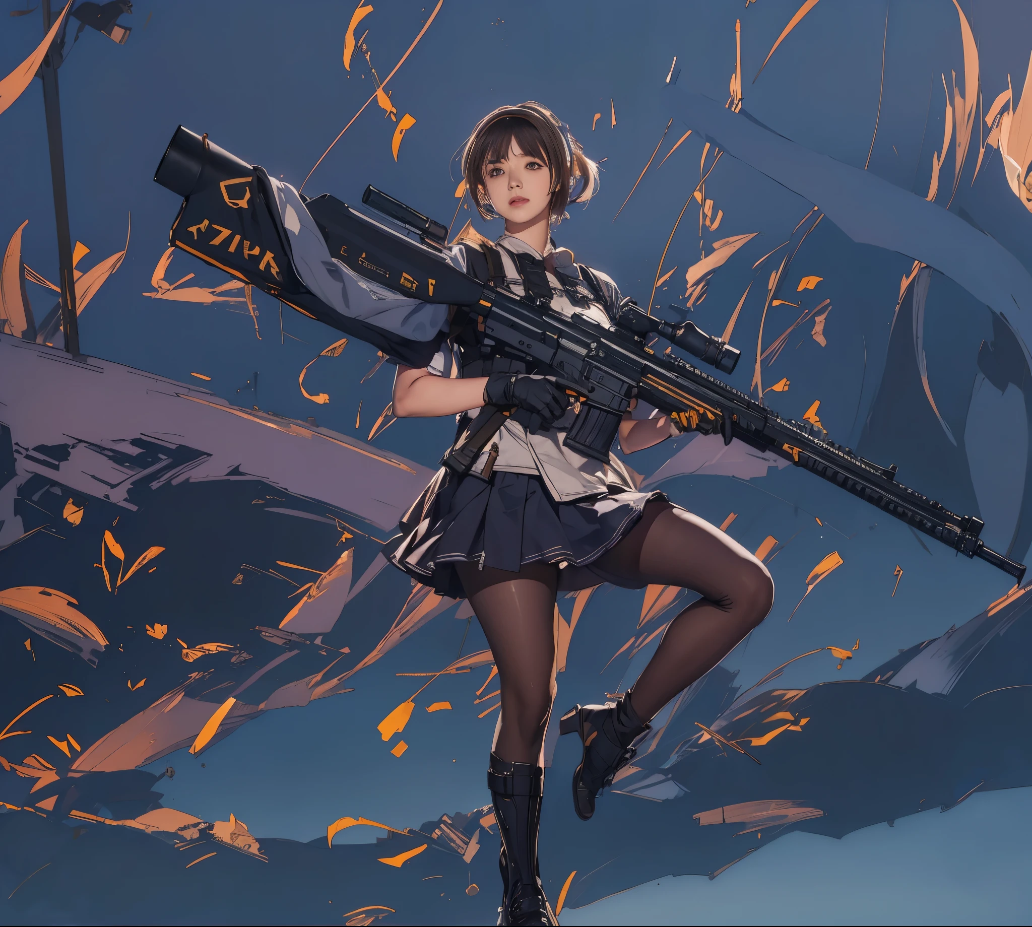 Elaizaikedareal, 1girl, solo, short hair, skirt, blonde hair, red eyes, gloves, ponytail, weapon, pantyhose, hairband, boots, holding weapon, gun, black pantyhose, rifle, one knee, sniper rifle, scope, shell casing