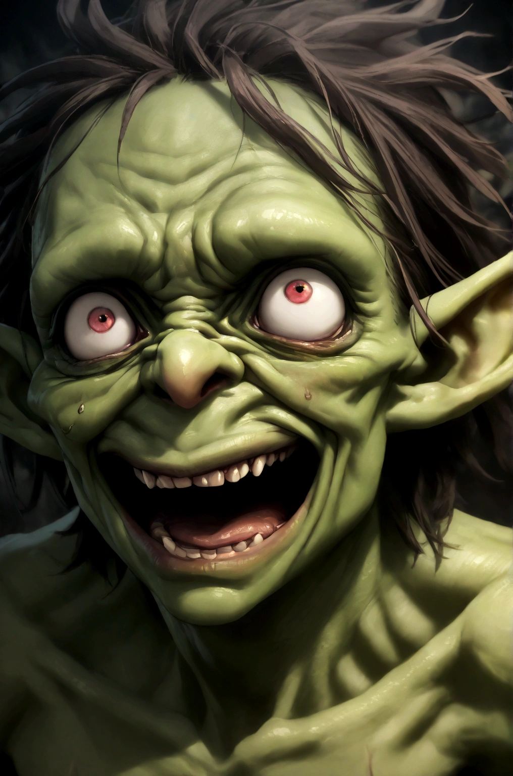 A naked goblin with a psychotic face.