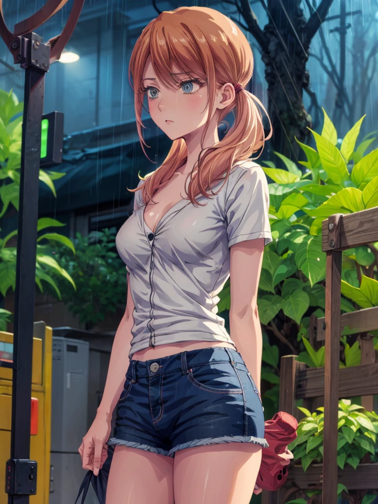 Girl, short tight shorts, Shirt unbuttoned, Bare breasts, chest visible, Bus stop in the forest  background, openlegs, night, rain, slim body, slim ass, Sneakers 