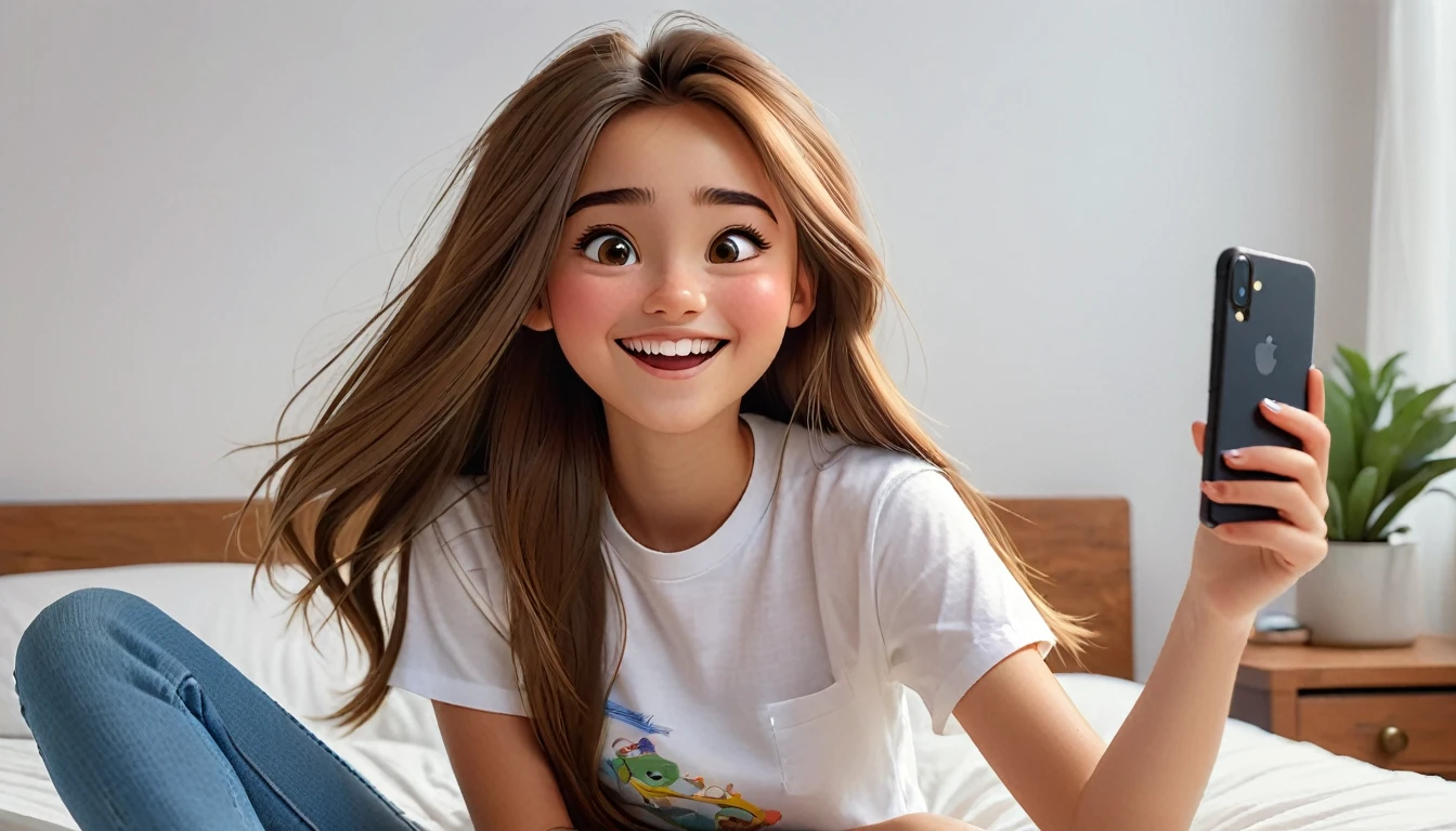 ((masterpiece, best quality)), award winning, 4k, 8k, simple background, photography, visible face, (one girl), 20 years old, Teenage girl with a cheerful and playful demeanor. She has long, straight hair, a simple white plain t-shirt and denim. sitting in bed, taking selfie. Pixar Character.