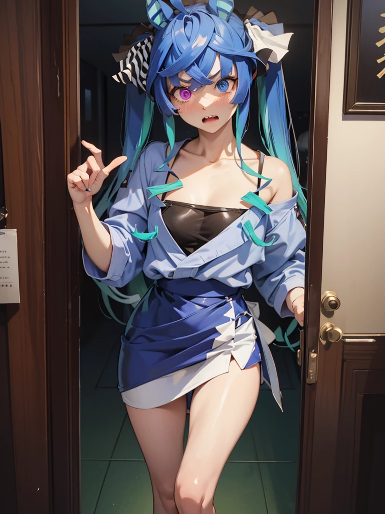 masterpiece, best quality, 1girl, solo, hoshimachisuisei, suisei hoshimachi, blue eyes, blue hair, choker, hair between eyes, medium hair, side ponytail, beautiful detailed eyes, extremely detailed face, perfect anatomy, flat chest, naked body, nude, sexy black underwear, black panties, topless, standing frontally to the viewer, casual pose, pov, looking at viewer, whole body can be seen, fear, afraid, scared expression, school locker room, detailed hands, five fingers, female genitals