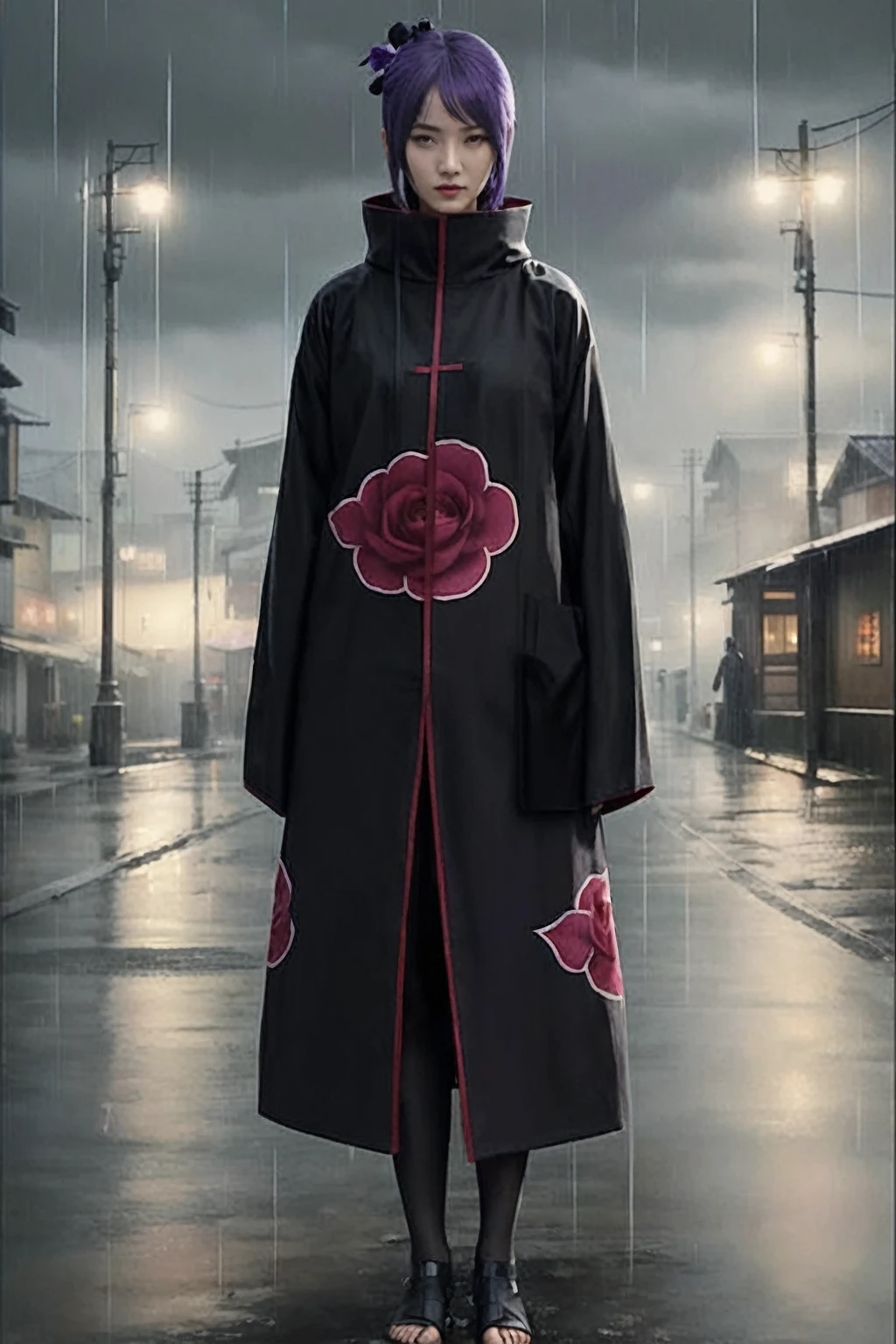 Hyperrealistic fullbody ultra HD 16K photo of an Asian woman with short purple hair with a purple rose motif ribbon, mata kuning, wears the black Akatsuki robe in the Naruto anime series, Bucket bunga mawar motif kertas. standing in a quiet village with heavy rain pouring
