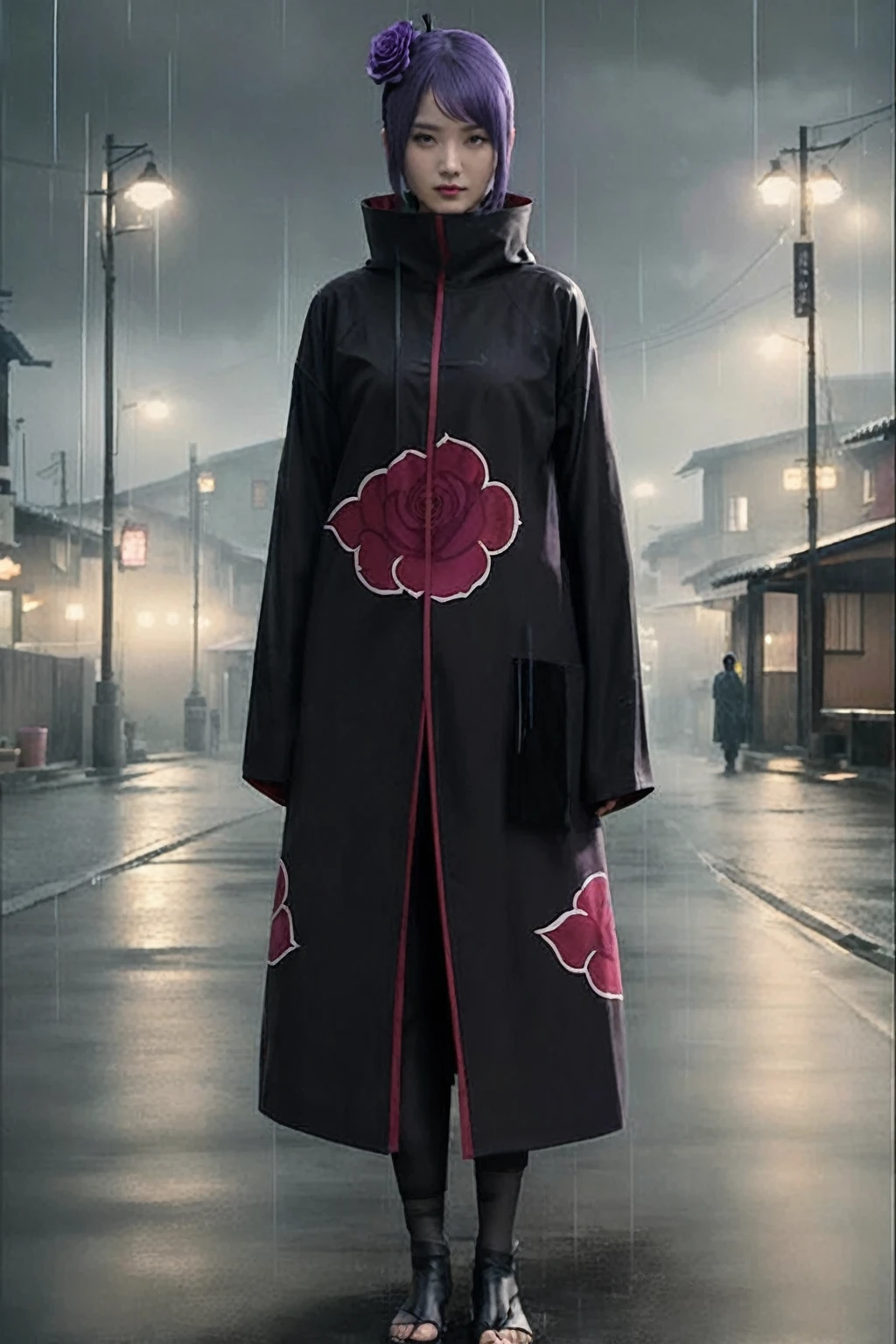 Hyperrealistic fullbody ultra HD 16K photo of an Asian woman with short purple hair with a purple rose motif ribbon, mata kuning, wears the black Akatsuki robe in the Naruto anime series, Bucket bunga mawar motif kertas. standing in a quiet village with heavy rain pouring