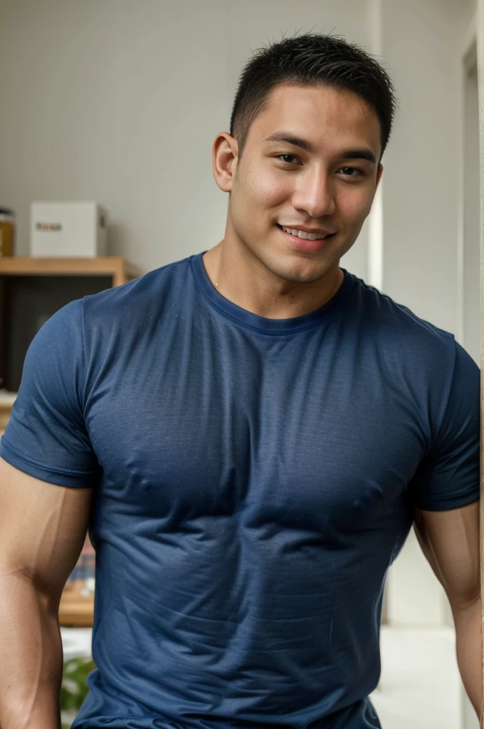 ((Highest quality, 8K, Masterpiece: 1.3))、Thailand Laos Burma Asia, Thai man, A handsome Asian rugby player with short hair, a muscular beard, and big muscles., １A man who has、 yo、Good appearance、Beautiful nose、smile、 Detailed eyes and face、beautiful light、(studio)、high resolution、（Look at the viewer.）、Fine mouth、smile、whole body: 1.5, perfect shape: 1.3, Picture of both shoulders:1.3, Navy blue round neck t-shirt:1.5