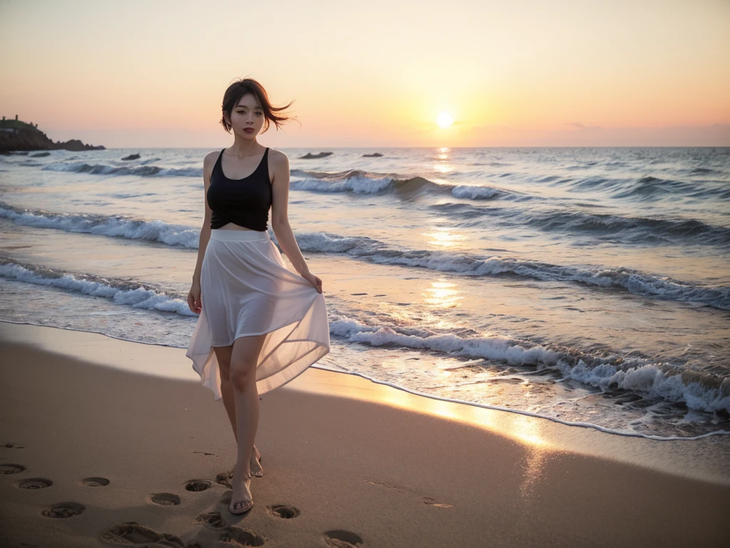 Full body photo of a beautiful 46-year-old Korean woman, Chest size 34 inches, Wear a rolled-up sleeveless top, light and pale white skirt, sunset red sunset on the beach,afterglow of the sea beach beach sunset red sun,A strong lingering scent is reflected in the sea., Beautiful 46-year-old short Korean woman, Short medium hair blowing in the wind,Full-body photo taken from afar with a wide-angle lens, The background of the waves is clean and perfect.., waves moved by the wind, best high definition, short woman