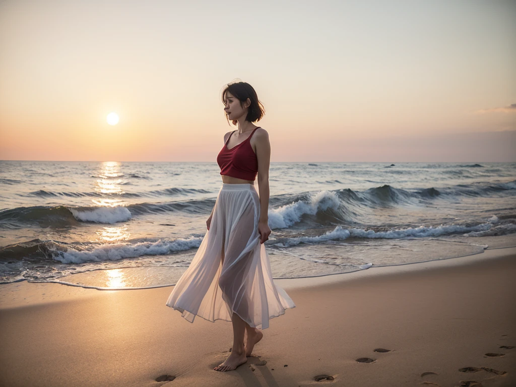 Full body photo of a beautiful 46-year-old Korean woman, Chest size 34 inches, Wear a rolled-up sleeveless top, light and pale white skirt, sunset red sunset on the beach,afterglow of the sea beach beach sunset red sun,A strong lingering scent is reflected in the sea., Beautiful 46-year-old short Korean woman, Short medium hair blowing in the wind,Full-body photo taken from afar with a wide-angle lens, The background of the waves is clean and perfect.., waves moved by the wind, best high definition, short woman