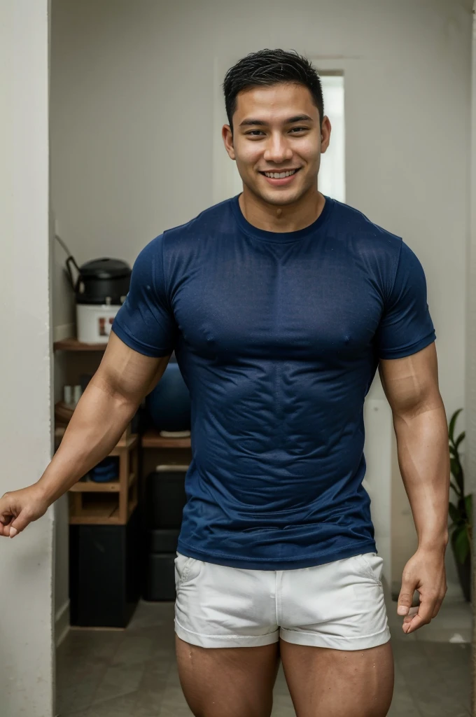 ((Highest quality, 8K, Masterpiece: 1.3))、Thailand Laos Burma Asia, Thai man, A handsome Asian rugby player with short hair, a muscular beard, and big muscles., 1A man who has、 yo、Good appearance、Beautiful nose、smile、 Detailed eyes and face、beautiful light、(studio)、high resolution、(Look at the viewer.)、Fine mouth、smile、whole body: 1.5, perfect shape: 1.3, Picture of both shoulders:1.3, Navy blue round neck t-shirt:1.5
