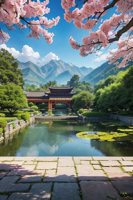 A beautiful detailed peach blossom garden in ancient China, lush peach trees in full bloom, intricate stone bridges, serene ponds with lotus flowers, exquisite traditional Chinese architecture, ancient scholars strolling through the garden, (best quality,4k,8k,highres,masterpiece:1.2),ultra-detailed,(realistic,photorealistic,photo-realistic:1.37),HDR,UHD,ultra-fine painting,sharp focus,physically-based rendering,extreme detail description,professional,bokeh,landscape,intricate details,