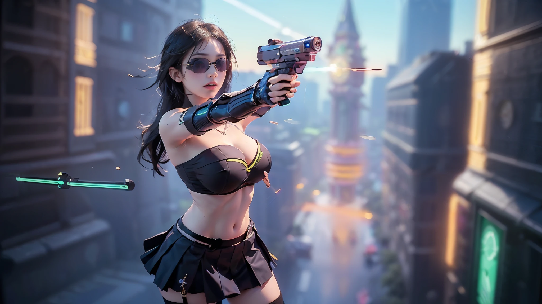 (aerial view). at night, futuristic sci-fi cyberpunk city, broad viaduct, skyscrapers at the end of the viaduct, the movie "13th Floor" style, (((((voltex-spirit-spreading giant clock tower as time machine))))), hq. Matrix style, at night, (1girl, solo), photo realistic, (large-breast:1.2 slim body, cleavage:1.3), (((tube top, extreamly short pleated (((miniskirt)))))), (((((matrix style black sunglasses))))), (((((aiming at camera with a (short:0.8 pistol)))))), (((half-body (thigh level) medium shot))), (cinematic lighting).