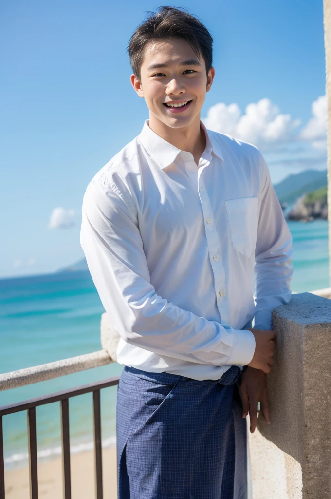 ((Highest quality, 8K, Masterpiece: 1.3))、Thailand Laos Burma Asia, Thai man, A handsome Asian rugby player with short hair, a muscular beard, and big muscles., 1A man who has、 yo、Good appearance、Beautiful nose、smile、 Detailed eyes and face、beautiful light、(studio)、high resolution、(Look at the viewer.)、Fine mouth、smile、whole body: 1.5, perfect shape: 1.3, looking at camera ,White button-down shirt , seaside beach sunshine looking at the sea