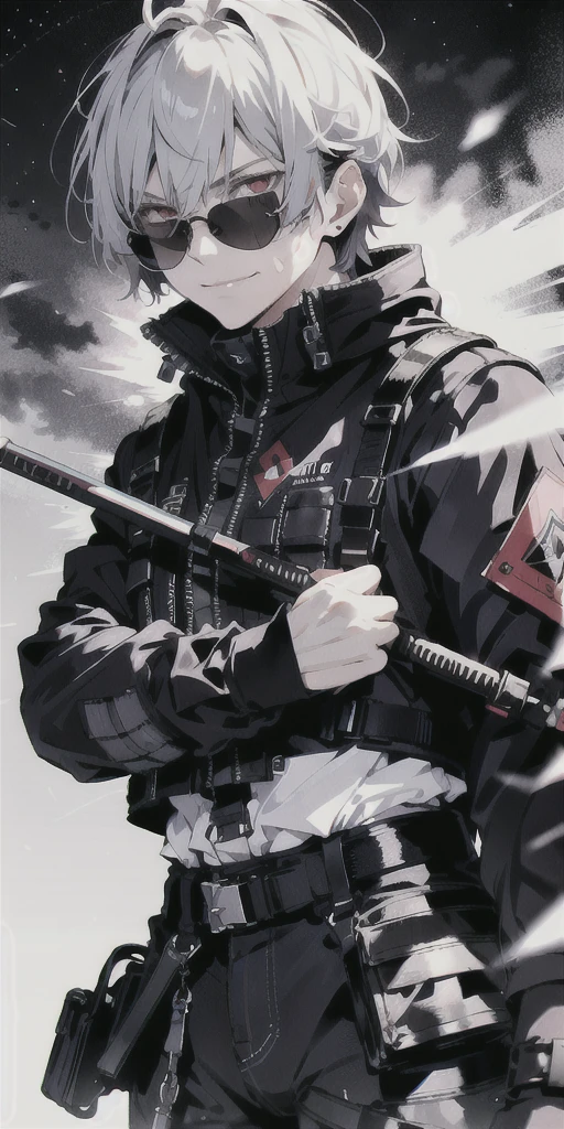 absurd solution、highest resolution、(masterpiece:1.4)、very detailed、from above、Adonis、boy universe、masterpiece, Acceleration_nffsw, (angry face:1.2), (crazy smile:1.3), crutch, silver hair,red eyes shining, sunglasses,photo taken up close, swirling wind, Lightning around the character, complex background at night, very detailed, (dark:1.3), dark, faint, nffsw, illustration, dirty