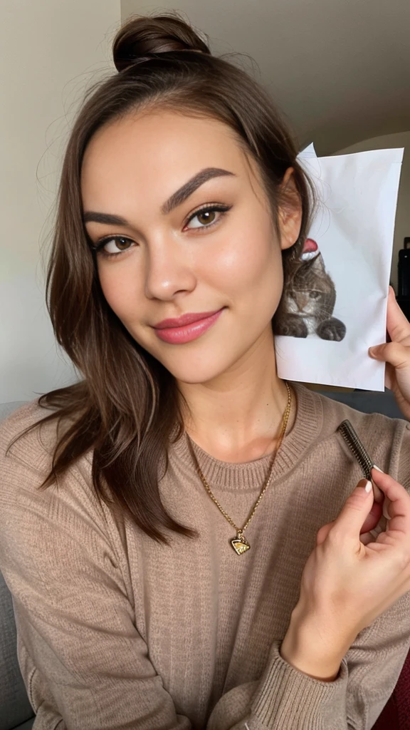 Sasha grey, jumper, brown hair in a bun, high detailed skin, skin pores, face selfie, sofa, smile,(( holding paper to camera that says "kitty Rose"))