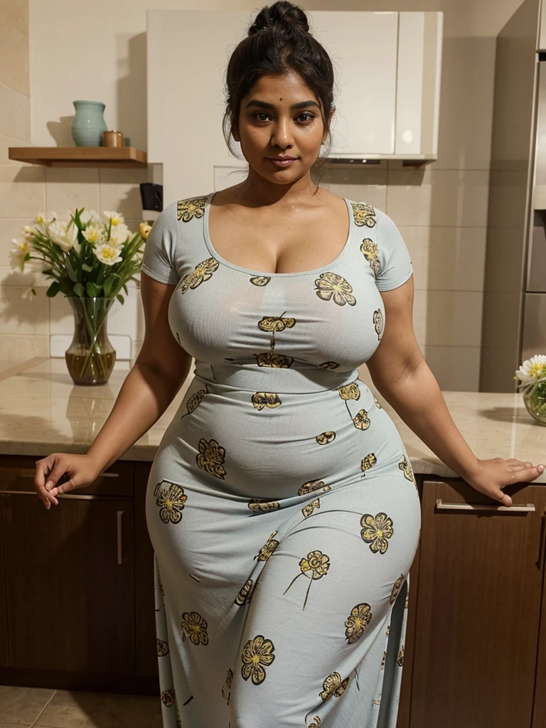 Sri lankan aunty 40 years old curvy body sexy figure fat hairbun wearing flower pattern tight long dress at kitchen nsfw 