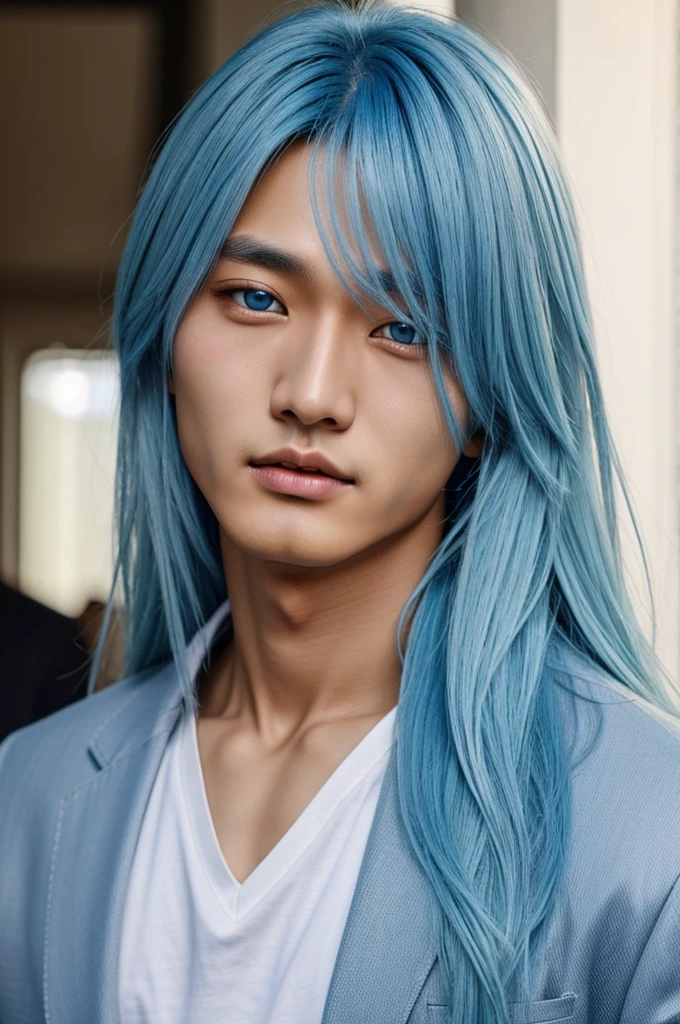 Park seonghwa with long light blue hair and blue eyes, realism