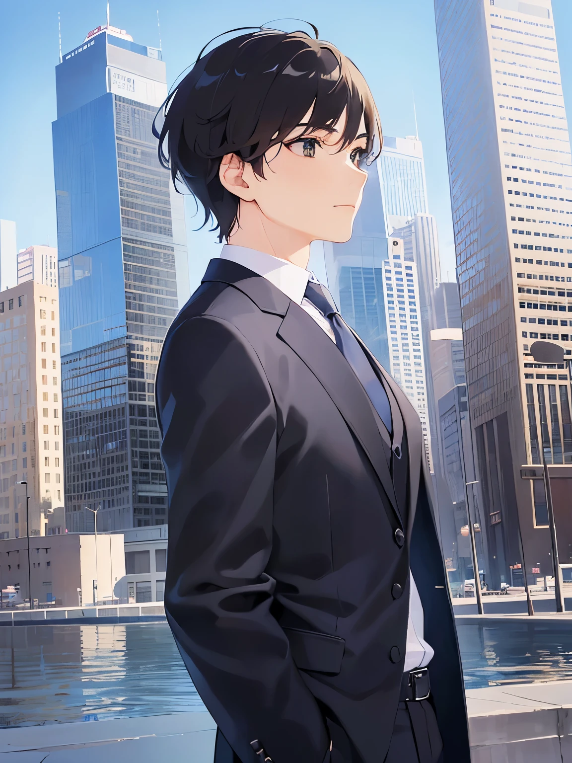 Shooting from below、upper body, side angle、(looking away:1.5), side angle, shiny skin、masterpiece、Highest quality、(25-year-old male:1.5) and (Brown short hair) and (Green Eyes), (Wearing a suit:1.3) and (Blue tie)、Are standing、smile、The background is a city of buildings、(Alone:1.5)、