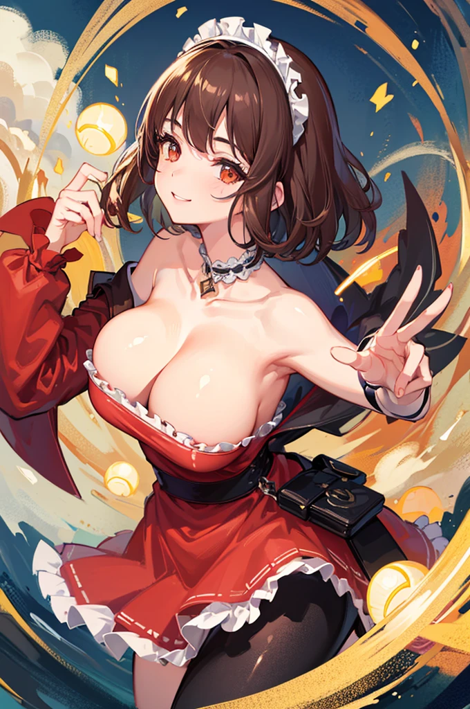 Highest quality, shape, Very detailed, In detail, High resolution, 8k wallpaper, Perfect dynamic composition, Beautiful details, Center of chest, Natural color lip, Random sexy poses,smile,20-year-old girl,Huge , A woman with short bob and brown hair wearing a red dress and a white frilly apron