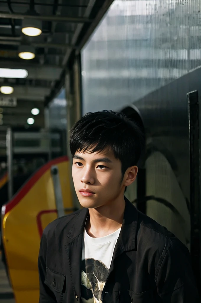 young asian man looking at camera In a black button-down shirt , By the train, sunlight