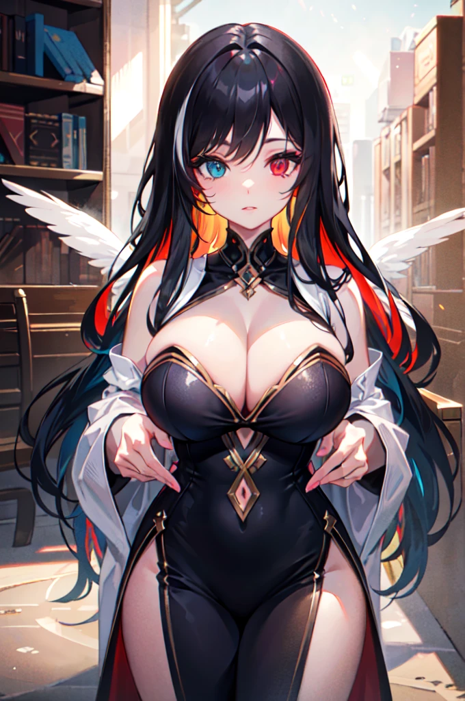 {{Masterpiece}}, Best Quality, Extremely detailed CG unity 8k wallpaper, cinematic lighting, Lens flare, Beautiful eye details, negro,  side glance,  multicolored hair, showy light, particles, heterochromia, (showy:1.5), (showy hair:1.5), A girl,huge library