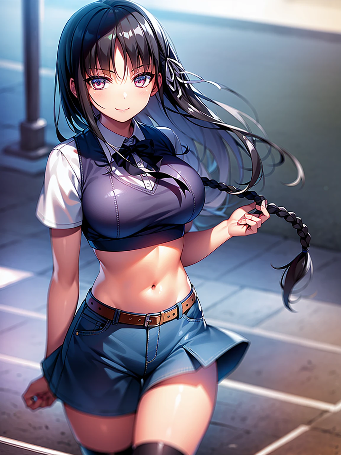 (8K, Highest quality, Highest quality, masterpiece), standing, 1girl, solo, cowboy shot, aasuzune, short hair, black hair, (single braid:1.2), hair ribbon, crop top, black thighhighs, smile, Denim short shorts, school, outdoors, large breasts, cleavage