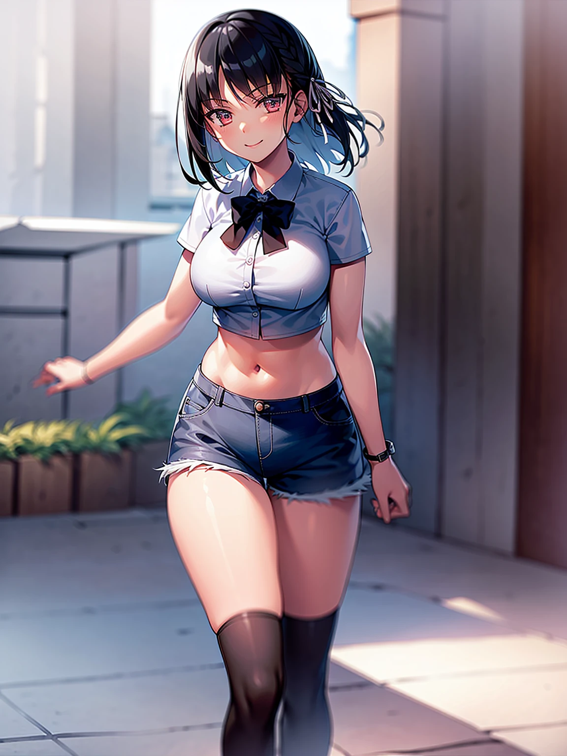 (8K, Highest quality, Highest quality, masterpiece), standing, 1girl, solo, cowboy shot, aasuzune, short hair, black hair, (single braid:1.2), hair ribbon, crop top, black thighhighs, smile, Denim short shorts, school, outdoors, large breasts, cleavage