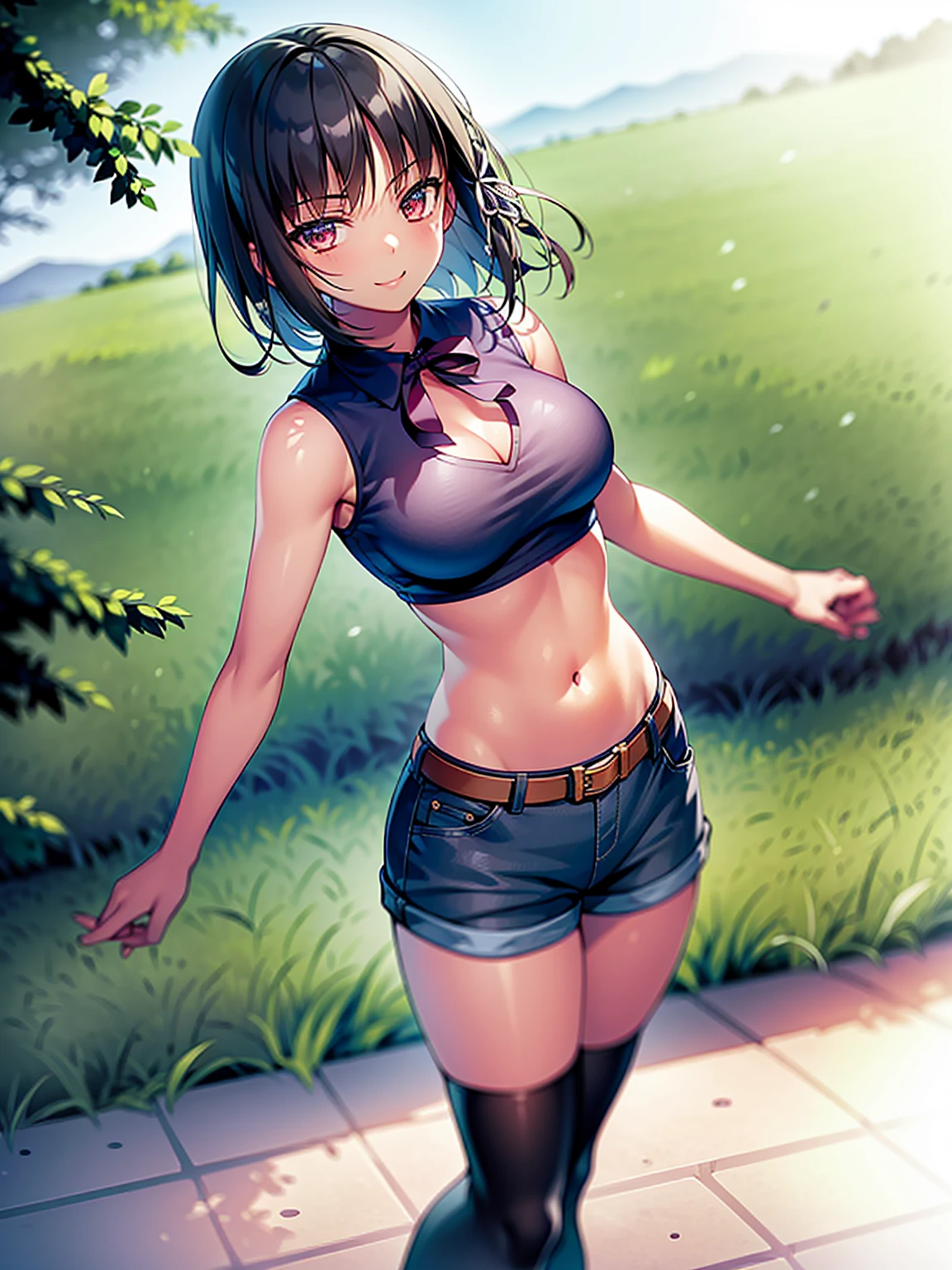 (8K, Highest quality, Highest quality, masterpiece), standing, 1girl, solo, cowboy shot, aasuzune, short hair, black hair, (single braid:1.2), hair ribbon, crop top, black thighhighs, smile, Denim short shorts, school, outdoors, large breasts, cleavage