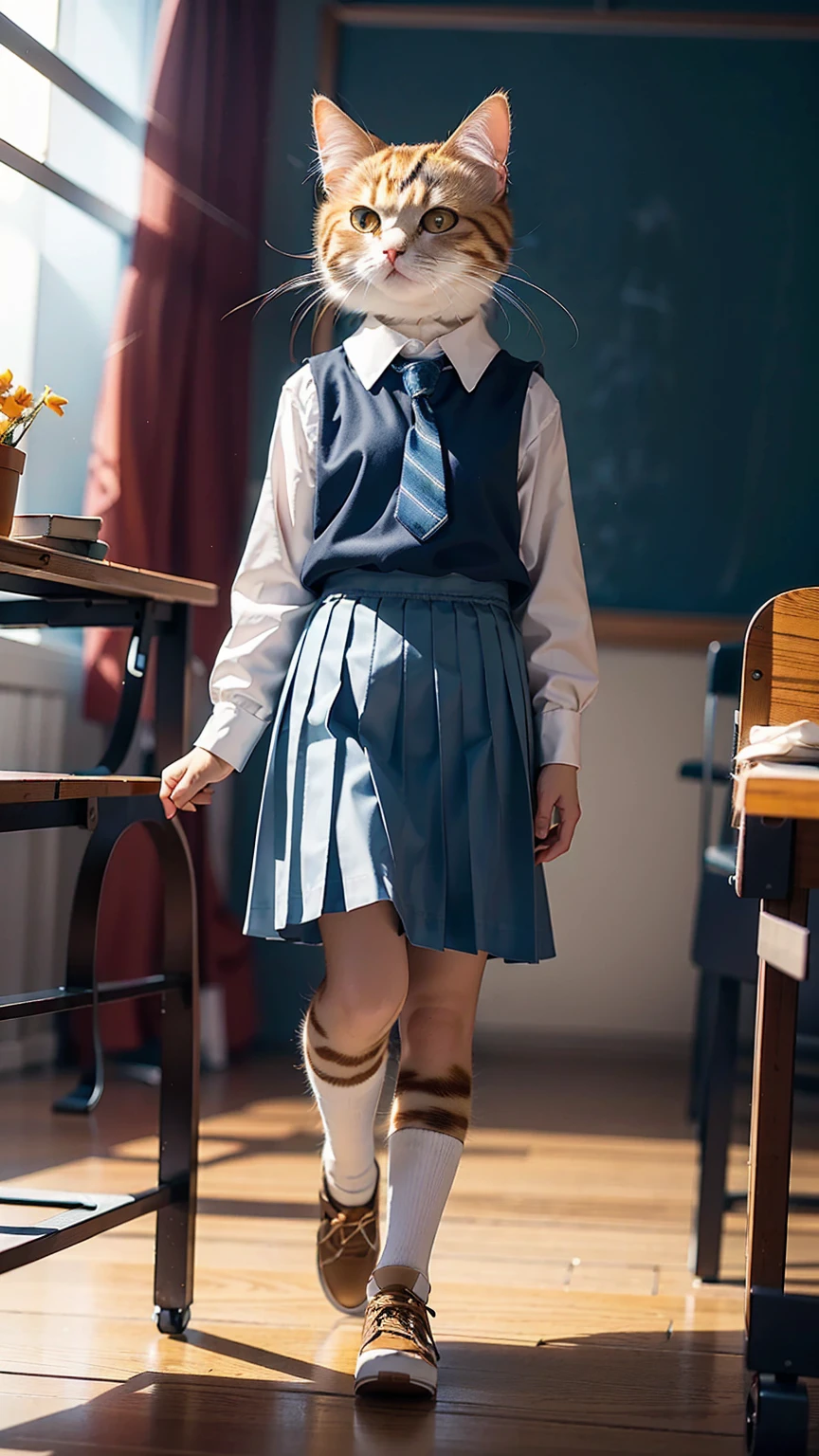 (Highest quality, masterpiece:1.2),pressure, In the classroom, 1 High school girl, Main cat, Depth of written boundary, High resolution, 超High resolution, 8K, Very detailed, Realistic, Sun light, blue sky, Pleated skirt
