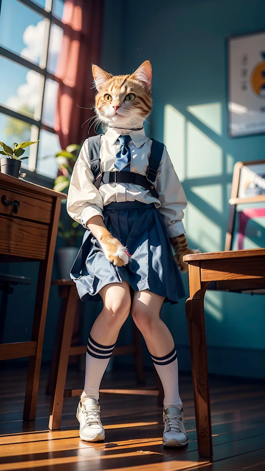 (Highest quality, masterpiece:1.2),pressure, In the classroom, 1 High school girl, Main cat, Depth of written boundary, High resolution, 超High resolution, 8K, Very detailed, Realistic, Sun light, blue sky, Pleated skirt