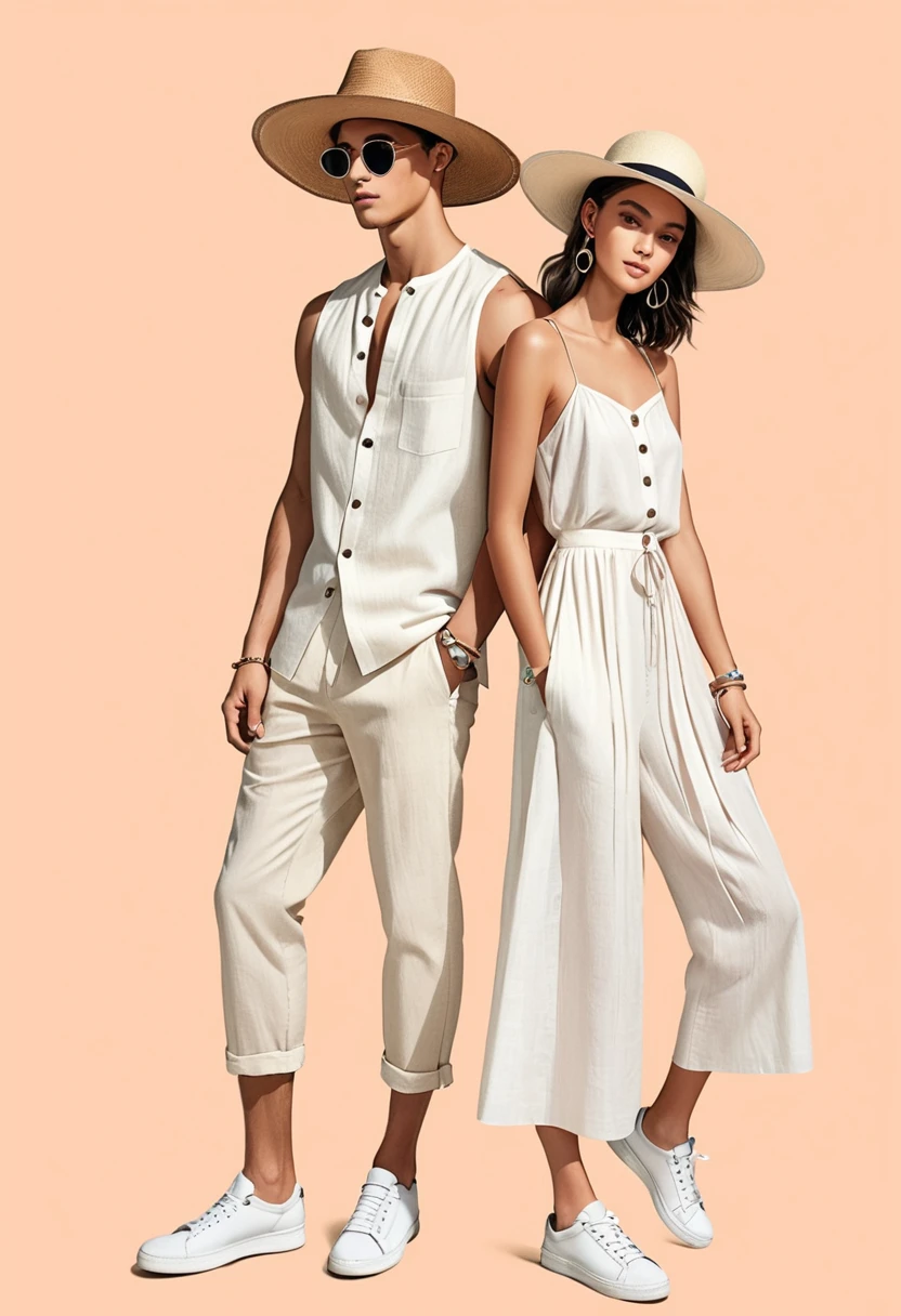 candid fashion illustration of young Mixed race man and woman, both aged 22 year old, ((showcase fashion look book in a off-White outfits)), inspired by Zara Summer collection in elegant young bohemian style. The man wears Relaxed-fit shirt in a linen and cotton blend with front button fastening. Long sleeves with buttoned cuffs, paired with Regular-fit pants in airy linen with covered and a concealed drawstring, side pockets and welt back pockets. Fabric made from linen is breathable, beautiful both ironed and wrinkled, He completes his look with white sneakers, round sunglasses and bracelet. The woman complements him in a white Ankle-length dress, Calf-length, sleeveless dress in woven fabric featuring a round, frill-trimmed neckline and a keyhole opening with minimal detail, Her ensemble includes an accessorizes with a wide-brimmed straw hat, white sneakers, Captured in a dynamic angle, ((full-body image)), ((pastel color background)), sketching, realistic pencil lines, imperfect drawing, fading sketch, fashion look book, fashion illustrator,--sameseed.