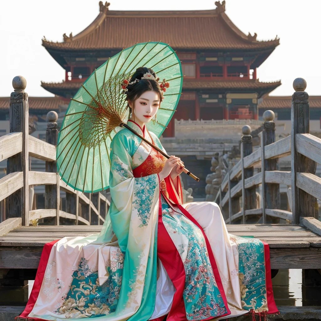 A stunning and enchanting photo of a woman dressed in a vibrant red hanfu, a traditional Chinese outfit, with an elaborate umbrella adorned with intricate designs. She is sitting gracefully on the lush green grass, surrounded by beautiful flowers and a majestic palace in the background. Her hair is adorned with intricate jewelry, and she exudes the elegance of an ancient Chinese princess or empress. The overall atmosphere of the photo is serene and timeless, showcasing the beauty of traditional Chinese culture and art., photo