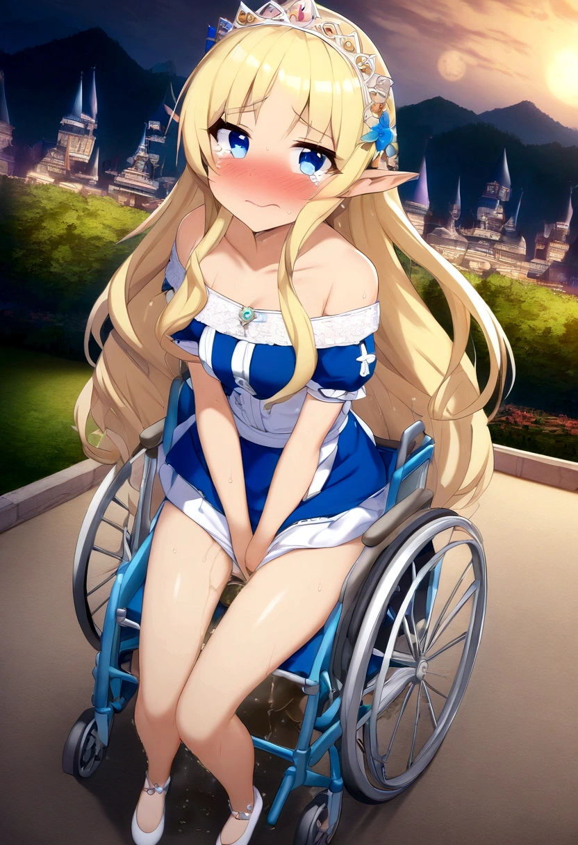 Anime. 1 girl. Baby. Princess. Blonde. Long hair. Blue eyes. Beautiful eyes. Perfect eyes. Expressive eyes. Eyes covered with a faded film. Blind eyes. Blind. Ideal face. Ideal anatomical body. Beautiful long legs. Beautiful body. Beautiful nose. 12 years old. Embarrassment. Blush. Beautiful character design. Shiny skin. Light white dress. Shoes. Hair decorations. Disabled person. Paralytic. Sitting. Wheelchair. Hands on crotch. Urinary incontinence. Wants to pee. She needs to pee. She has a strong, desperate urge to pee. He squeezes his crotch tightly. Rubs copper. Slight lean forward. She peed herself. Fantasy city. A park. Date. He takes off his wet panties. Tears in my eyes. Cry. Snot flows from the nose. Full body. nsfw. Official art. Extremely detailed CG Unity 8k wallpaper. Ideal lighting. Ultra high resolution 4K. Super detailed 8K. A high resolution.