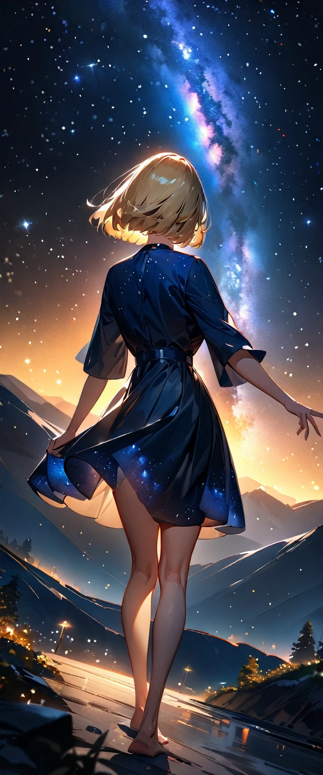 (((A meteor shower dancing in the night sky, countless stars twinkling in the clear air, a beautiful starry sky, the Milky Way shining beautifully in the night))), mountain, wide shot, back shot, a girl, bob cut, bare legs, bare foot, blond hair, (best quality, 4K, 8K, highres, masterpiece:1.2, ultra-detailed, HDR, uhd, studio lighting, ultra-fine painting, sharp focus, physically-based rendering, extreme detail description, professional, vivid colors, bokeh)