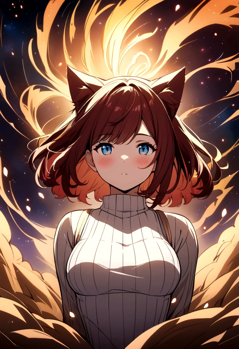 (masterpiece, best quality, highres), anime art style, pixiv, 1girl, solo,
supernova, abstract, abstract background, (bloom, swirling lights, light particles),
fire, galaxy, floating, romanticized, blush, looking at viewer,
dark red hair, blue eyes, straight hair, cat ears,
medium breasts, mature female, white sweater,