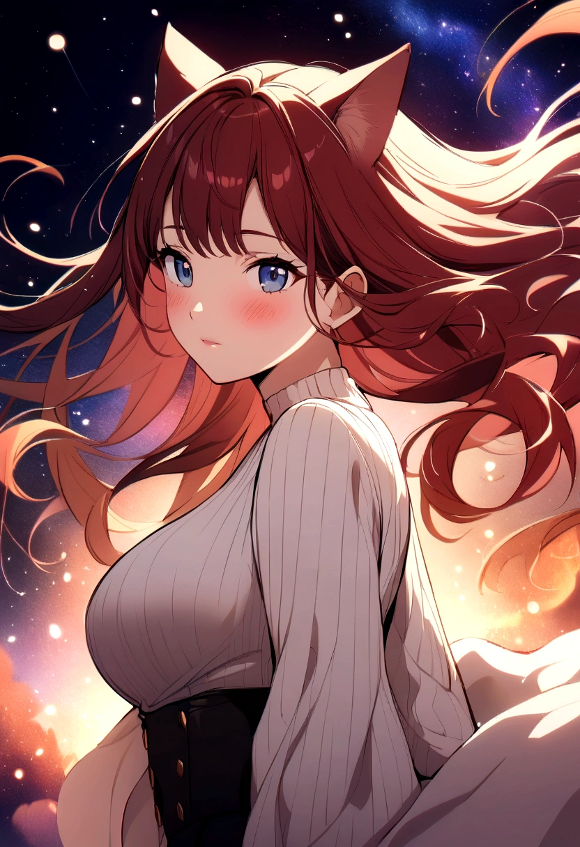 (masterpiece, best quality, highres), anime art style, pixiv, 1girl, solo,
supernova, abstract, abstract background, (bloom, swirling lights, light particles),
fire, galaxy, floating, romanticized, blush, looking at viewer,
dark red hair, blue eyes, straight hair, cat ears,
medium breasts, mature female, white sweater,