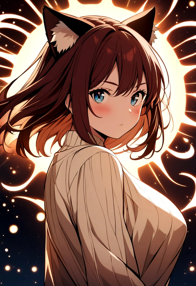 (masterpiece, best quality, highres), anime art style, pixiv, 1girl, solo,
supernova, abstract, abstract background, (bloom, swirling lights, light particles),
fire, galaxy, floating, romanticized, blush, looking at viewer,
dark red hair, blue eyes, straight hair, cat ears,
medium breasts, mature female, white sweater,