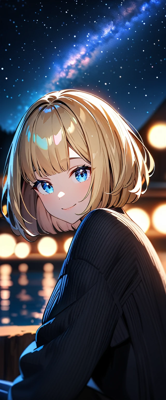 (()), (((focus on face))), ((extreme close up face)), (((a beautiful starry sky, the Milky Way shining beautifully in the night))), ((Aran sweater)), ((((from side)))), ((sitting on the very high cliff)), wavy hair, inward curled hair, sea, ((blond hair, bob cut:1.3)), breasts, teenager, (looking at viewer), oversized clothes, puffy long sleeves, ((off-shoulder sweater:1.3, Quite thick shoulder straps)), ((black sweater)), collarbone, head tilt:1.3, (((blue eyes))), happy smile, (((anime style))), (best quality, 4K, 8K, highres, masterpiece:1.2, ultra-detailed, ultra-detailed eyes, HDR, uhd, studio lighting, ultra-fine painting, sharp focus, physically-based rendering, extreme detail description, professional, vivid colors, bokeh)