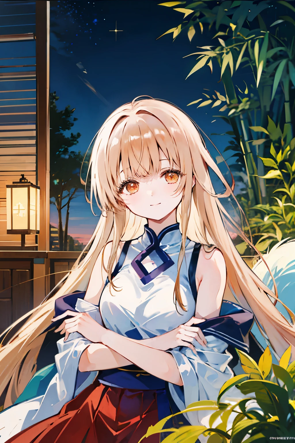 Best masterpiece, anime coloring, ultra-detail, 8k、((a piece of bamboo is in front of me))、summer、from behind、smile、upper body、crossed arms、star festival、Off-shoulder top、Shorts、night