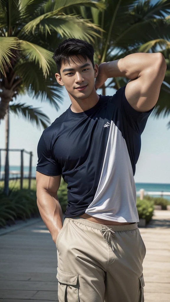 (Create a masterpiece: 1.2),(CGI art:1.3),(realistic:1.5),(After processing:1.3), (Sharp focus:1.3), 1 man, open mouth, smile, (Navy blue round neck shirt), Navy cargo pants, Korean guy , korean men, (High gloss details), chest muscles, large arm muscles, blood vessel, Big muscles, Broad shoulders, looking at the audience, Balancing the eyes, Seaside, beach, sunlight, running towards the camera