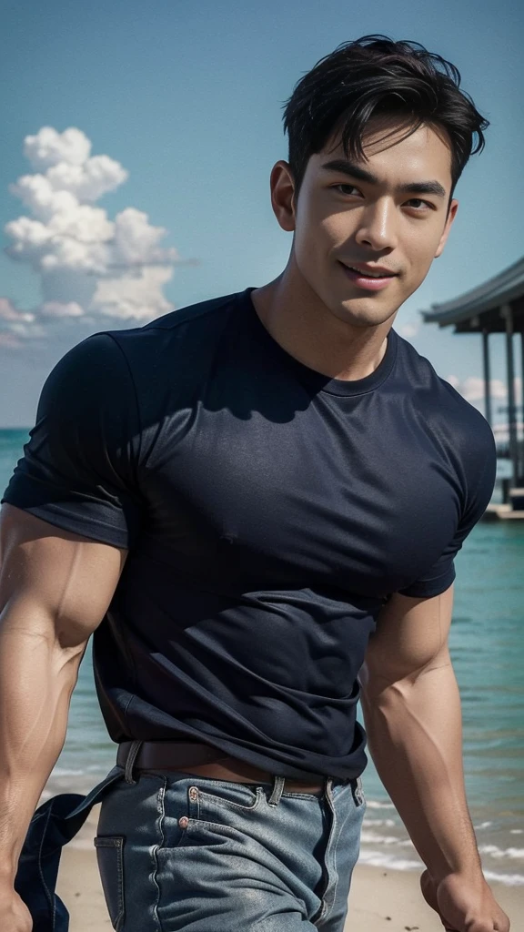 (Create a masterpiece: 1.2),(CGI art:1.3),(realistic:1.5),(After processing:1.3), (Sharp focus:1.3), 1 man, open mouth, smile, (Navy blue round neck shirt), Navy cargo pants, Korean guy , korean men, (High gloss details), chest muscles, large arm muscles, blood vessel, Big muscles, Broad shoulders, looking at the audience, Balancing the eyes, Seaside, beach, sunlight, running towards the camera