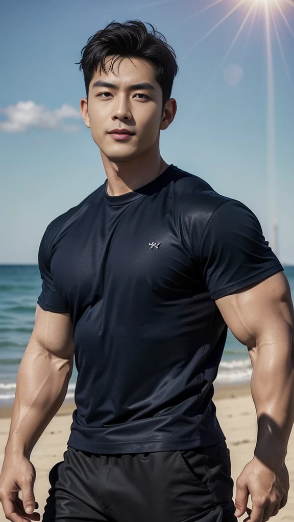 (Create a masterpiece: 1.2),(CGI art:1.3),(realistic:1.5),(After processing:1.3), (Sharp focus:1.3), 1 man, open mouth, smile, (Navy blue round neck shirt), Navy cargo pants, Korean guy , korean men, (High gloss details), chest muscles, large arm muscles, blood vessel, Big muscles, Broad shoulders, looking at the audience, Balancing the eyes, Seaside, beach, sunlight, running towards the camera