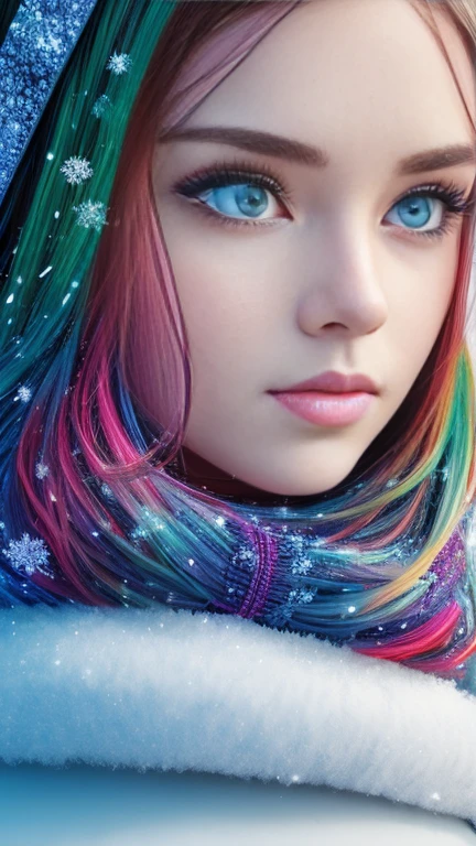 collage , face of a modern girl, winter ,forest, huge eyes,long eyelashes,glitter in the eyes, clear drawing intriguing, photorealism,32k,colorful