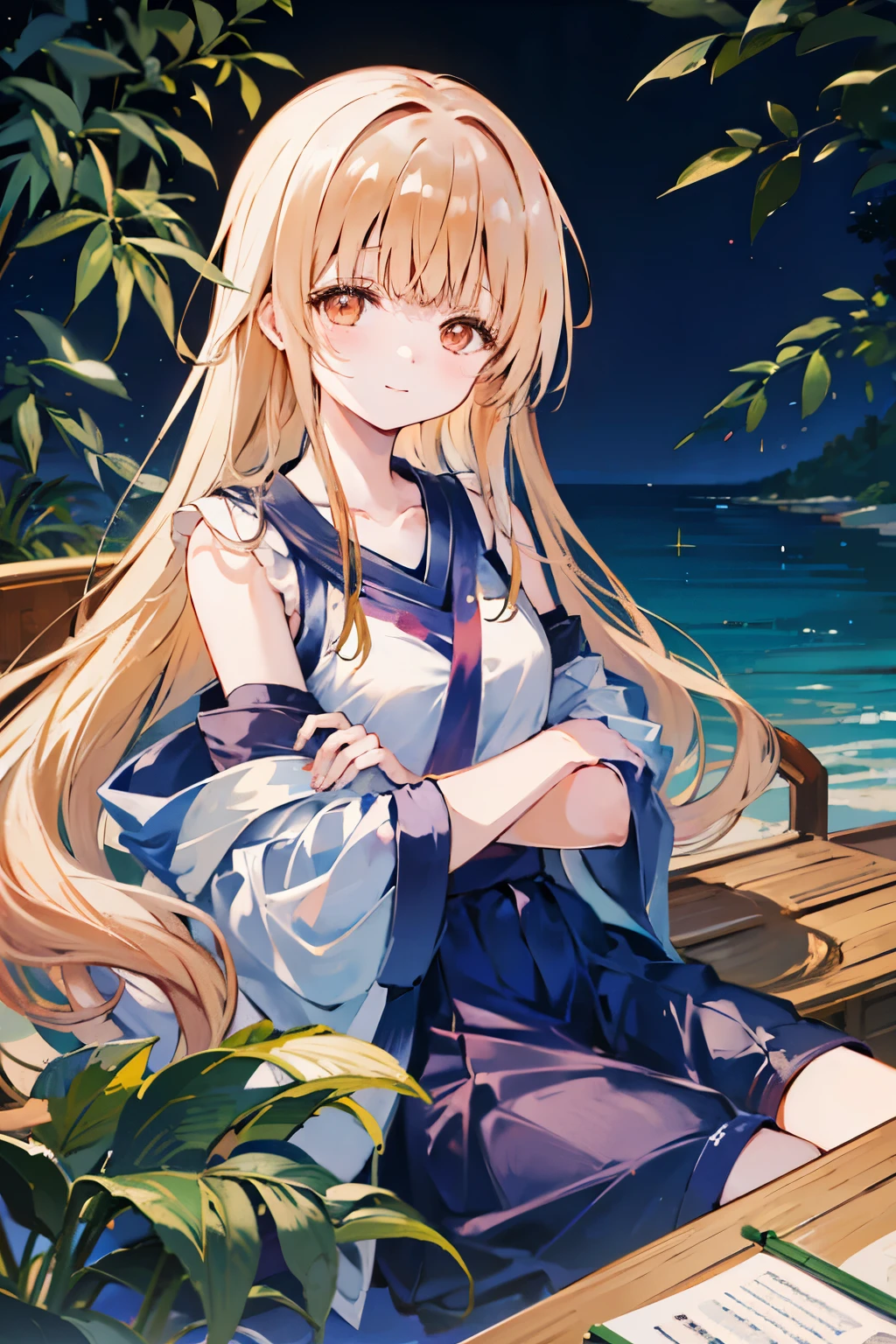 Best masterpiece, anime coloring, ultra-detail, 8k、((a piece of bamboo is in front of me))、summer、from behind、smile、upper body、crossed arms、star festival、Off-shoulder top、Shorts、night、many strip of paper is hung on a bamboo leaf