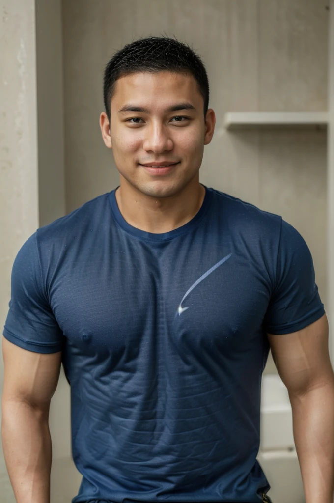 ((Highest quality, 8K, Masterpiece: 1.3))、Thailand Laos Burma Asia, Thai man, A handsome Asian rugby player with short hair, a muscular beard, and big muscles., 1A man who has、 yo、Good appearance、Beautiful nose、smile、 Detailed eyes and face、beautiful light、(studio)、high resolution、(Look at the viewer.)、Fine mouth、smile、whole body: 1.5, perfect shape: 1.3, Picture of both shoulders:1.3, Navy blue round neck t-shirt:1.5