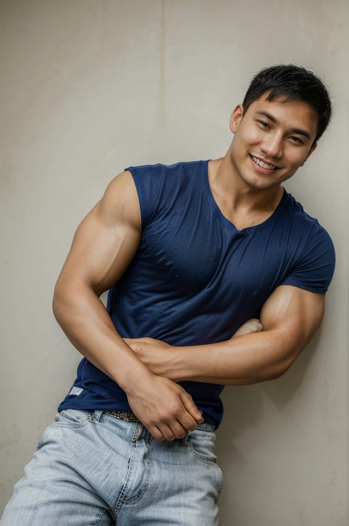 ((Highest quality, 8K, Masterpiece: 1.3))、Thailand Laos Burma Asia, Thai man, A handsome Asian rugby player with short hair, a muscular beard, and big muscles., １A man who has、 yo、Good appearance、Beautiful nose、smile、 Detailed eyes and face、beautiful light、(studio)、high resolution、（Look at the viewer.）、Fine mouth、smile、whole body: 1.5, perfect shape: 1.3, Picture of both shoulders:1.3, Navy blue round neck t-shirt:1.5