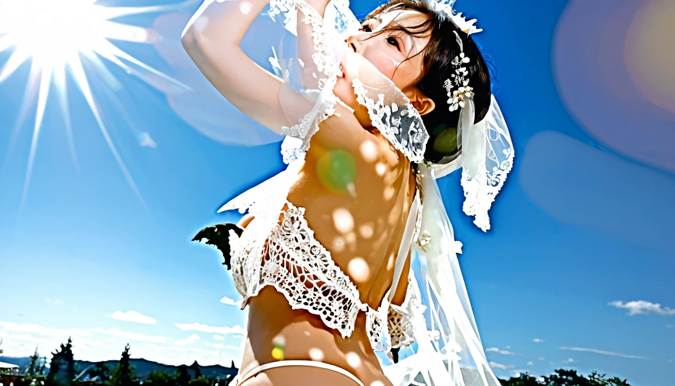 look up, 8K, masterpiece, Most detailed, Highest quality,, create a sense of fit, Cute Girls,Side Tail, (Wet),Sun light,((wedding)),pubic hair,Veil,(((bride))),((show off)),(ふっくらとしたNipples),Ecstatic expression,Outdoor,White lace,Nipples,Ample breasts,Saggy breasts,Hime cut,One female,Stick your butt out,Front lighting,NSFW,Spread your legs