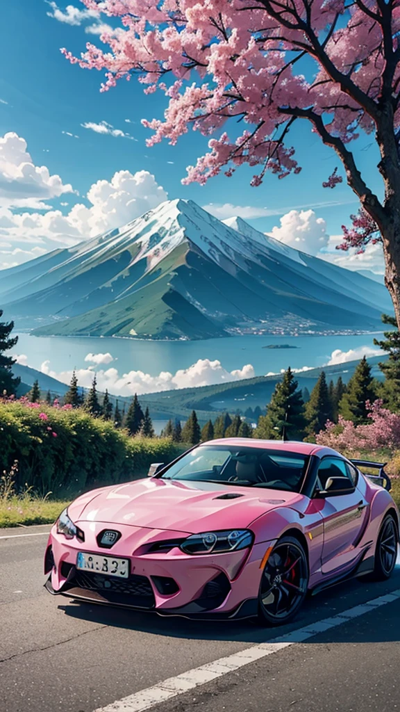 Make a beautiful colourful mountains a boy looking in near pink leaves tree bulbous Clouds with Supra car