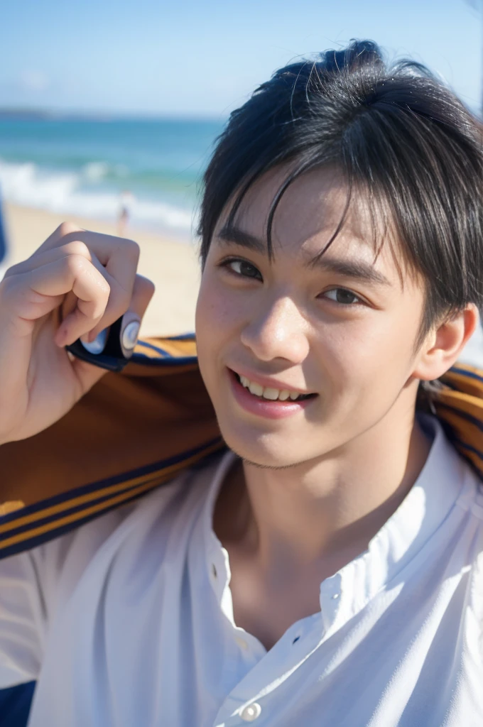 ((Highest quality, 8K, Masterpiece: 1.3))、Thailand Laos Burma Asia, Thai man, A handsome Asian rugby player with short hair, a muscular beard, and big muscles., 1A man who has、 yo、Good appearance、Beautiful nose、smile、 Detailed eyes and face、beautiful light、(studio)、high resolution、(Look at the viewer.)、Fine mouth、smile、whole body: 1.5, perfect shape: 1.3, looking at camera ,White button-down shirt , seaside beach sunshine looking at the sea
